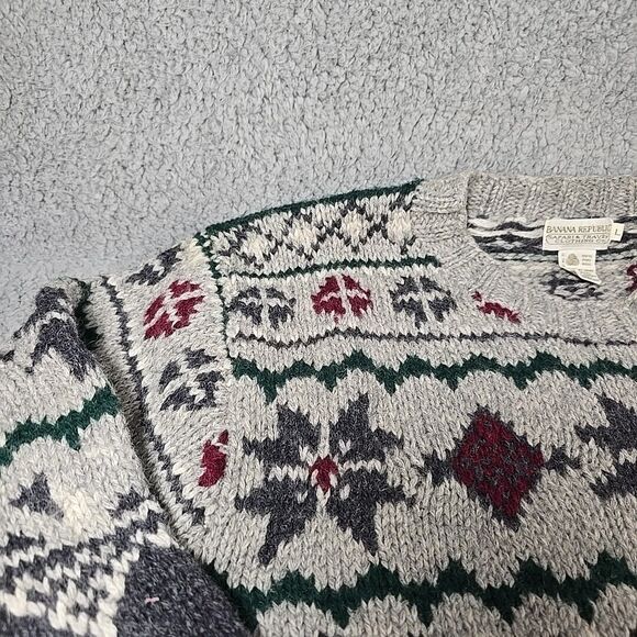 Hand Knit Wool Grandpa Sweater Mens L Safari Travel Chunky Vtg Banana Republic - Picture 7 of 11